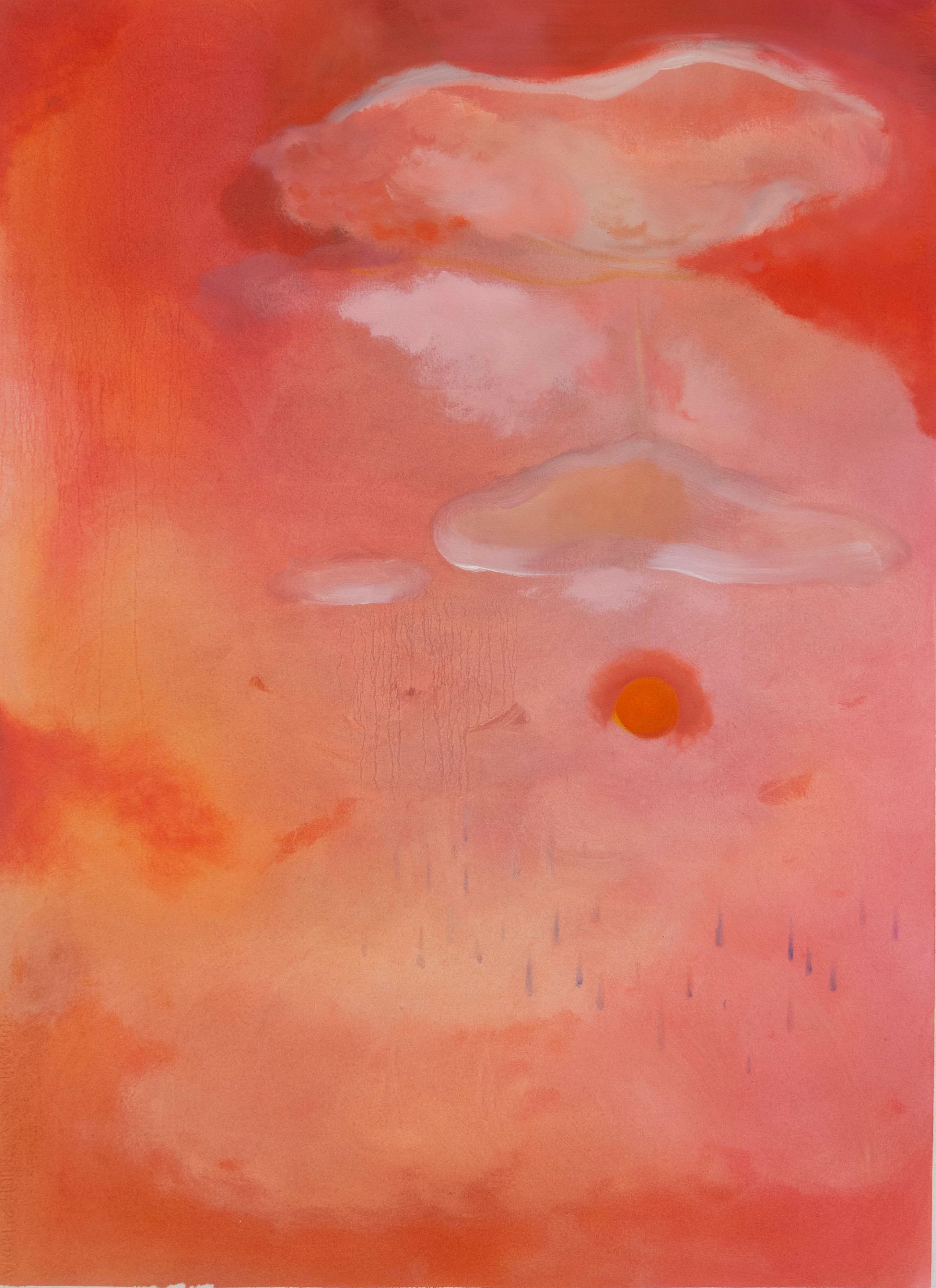 Abstract painting of an orange and pink sky with stylized clouds, an orange orb, and faint blue rain streaks.