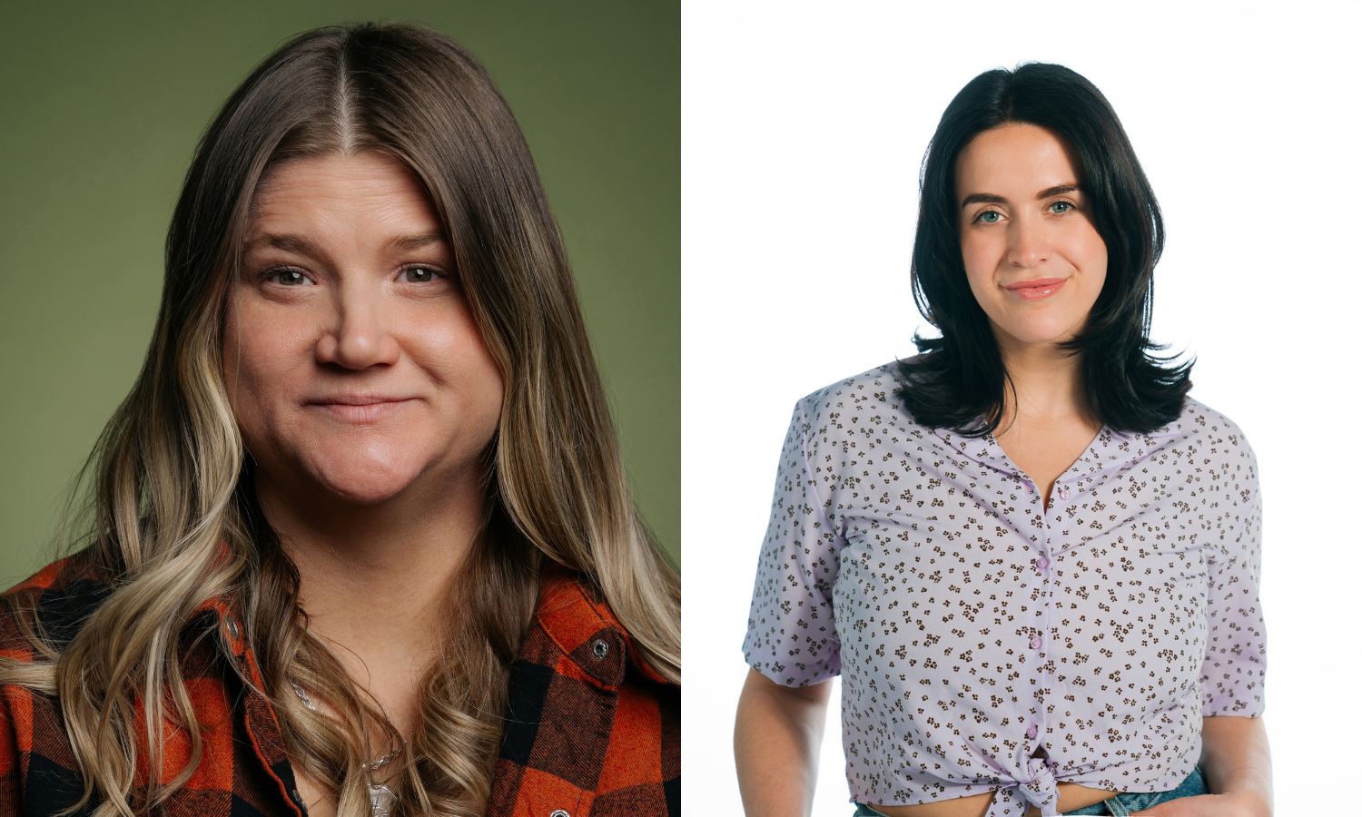 Two people in separate portraits, one in plaid shirt, one in patterned blouse.