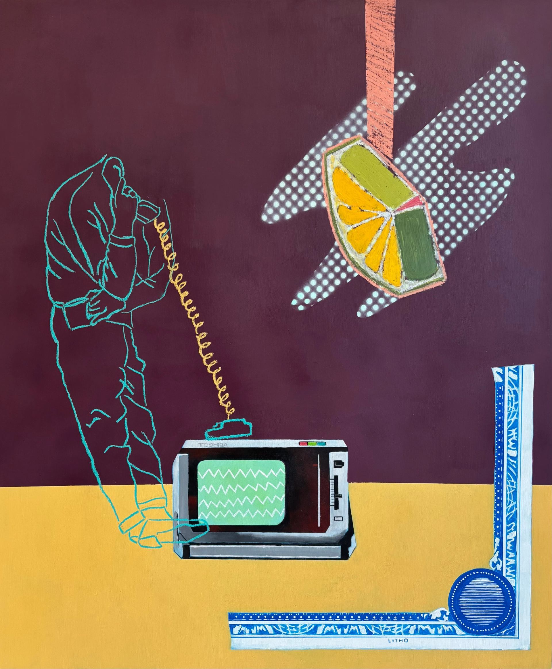 Painting featuring a cyan outlined figure on a phone, a retro TV with a green zigzag screen, a hanging segmented citrus slice, and an L-shaped blue and white patterned border, all set against a purple and yellow background.