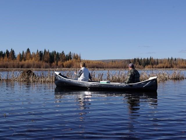 Two people paddling a canoe on a calm lake surrounded by autumn trees.