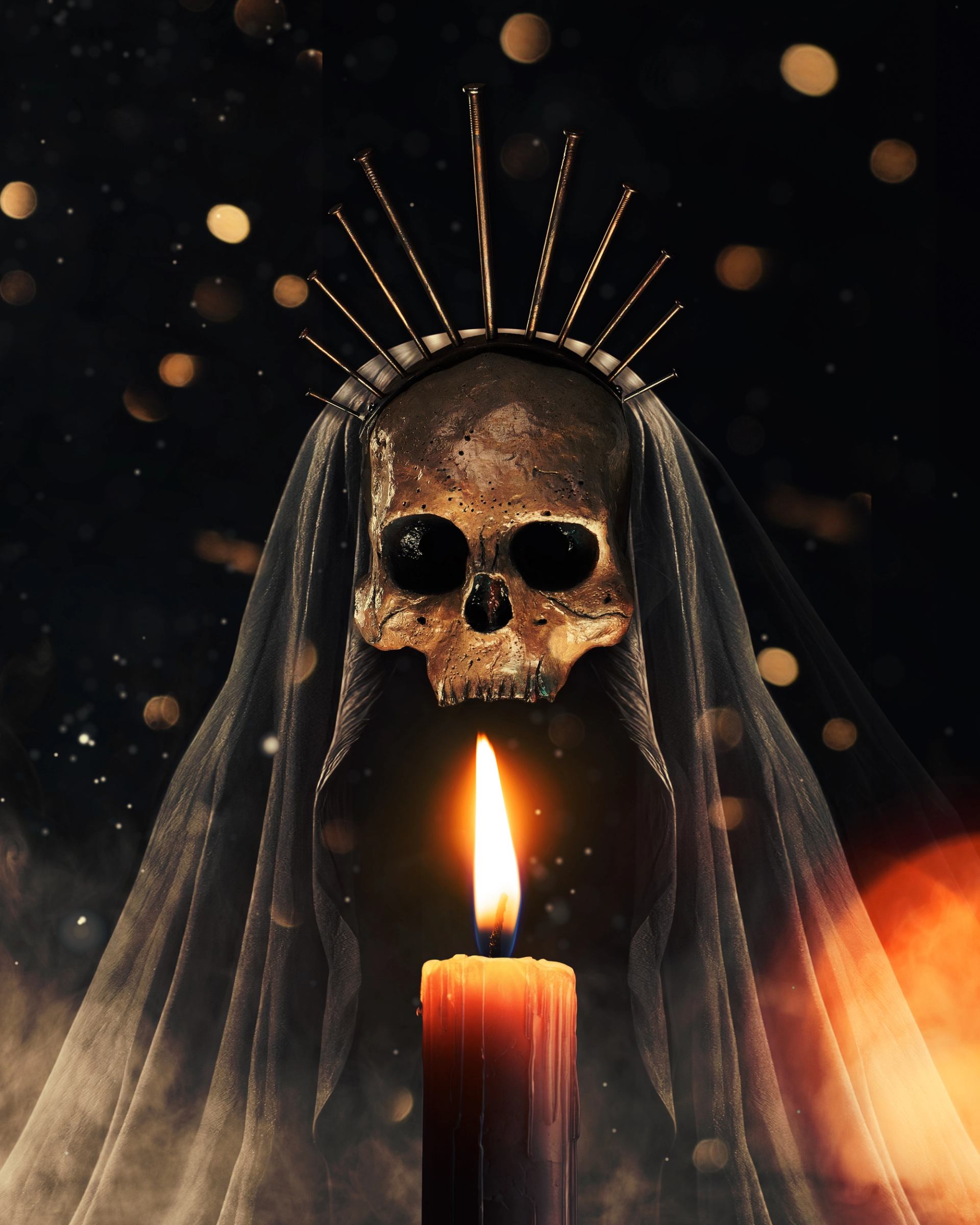 Human skull with metal halo and veil behind a single burning candle.
