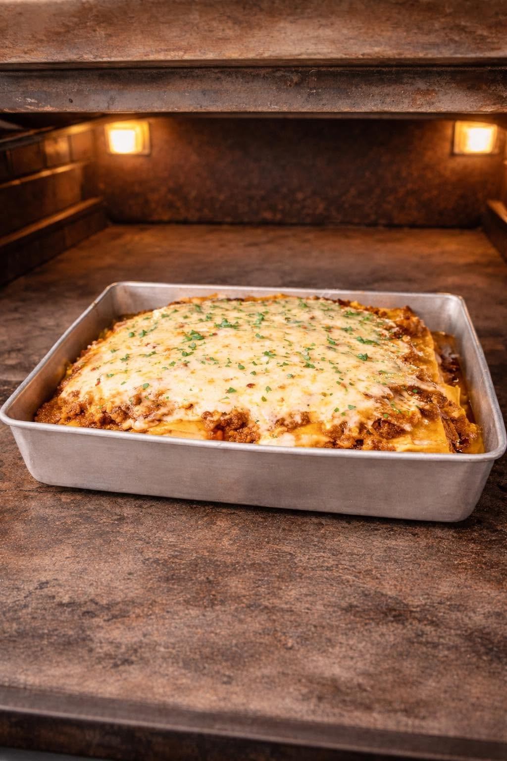 A freshly baked lasagna is topped with golden melted cheese and herbs in a baking pan.