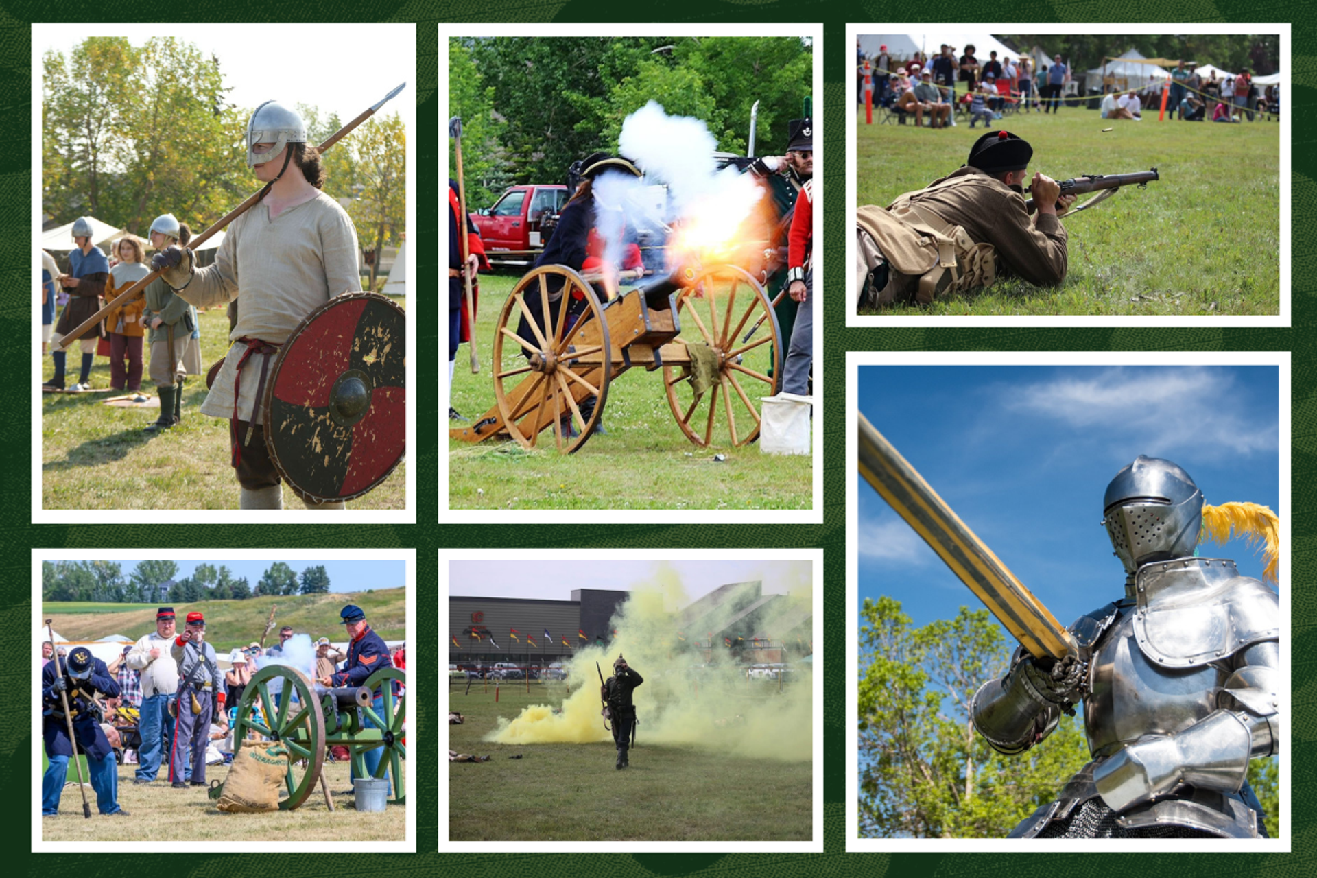 Historical reenactors fire muzzle-loader rifles during Calgary summer skirmish event on grass field.
