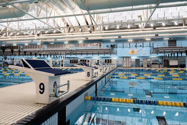 A view of the pool and diving boards.