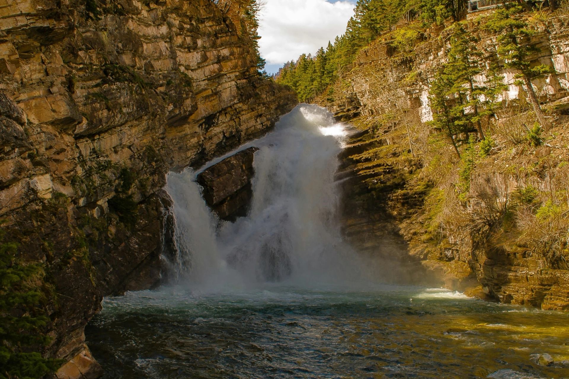 Cameron Falls plunges between rocky cliffs with mist rising in Waterton Lakes National Park.