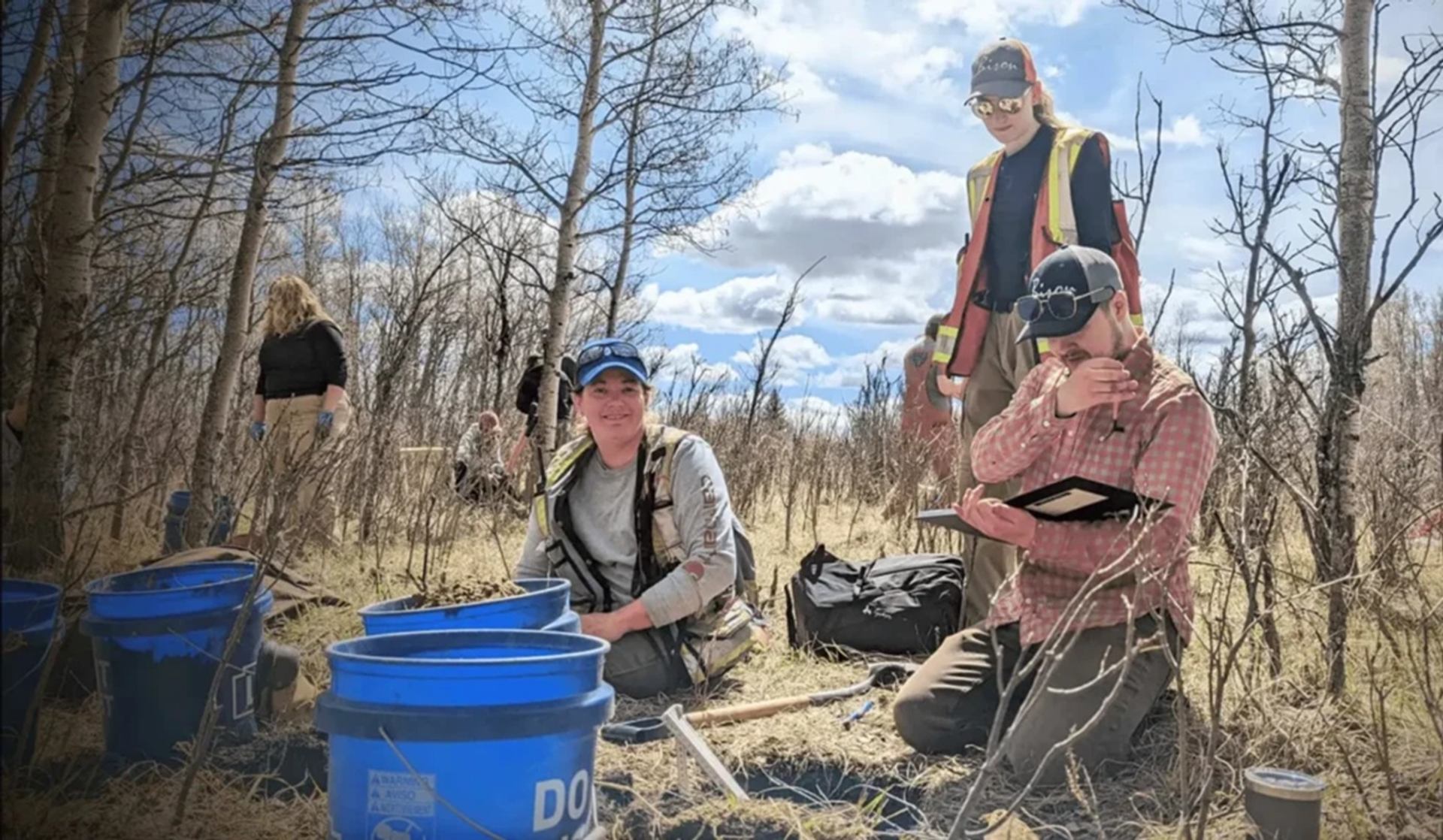 Field researchers kneel among dry trees with blue buckets, tools and notebooks.