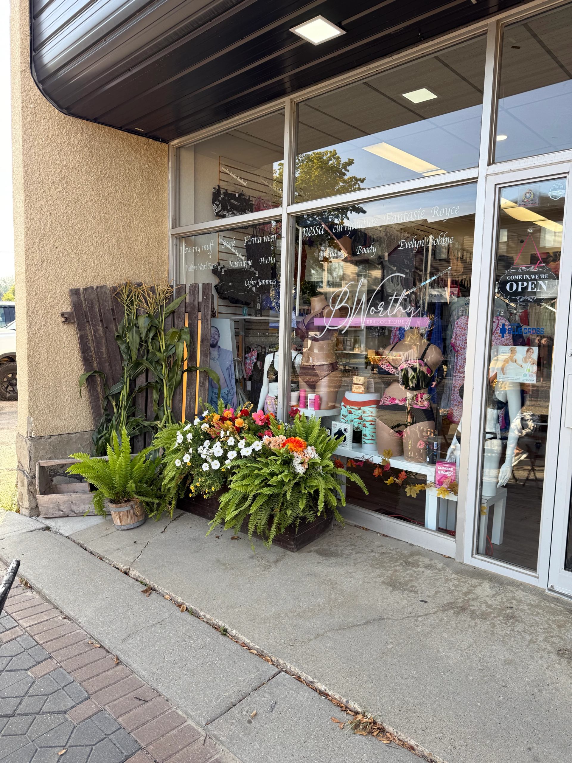 Shopfront with lingerie display, potted ferns, colourful flowers and corn stalks on sidewalk.