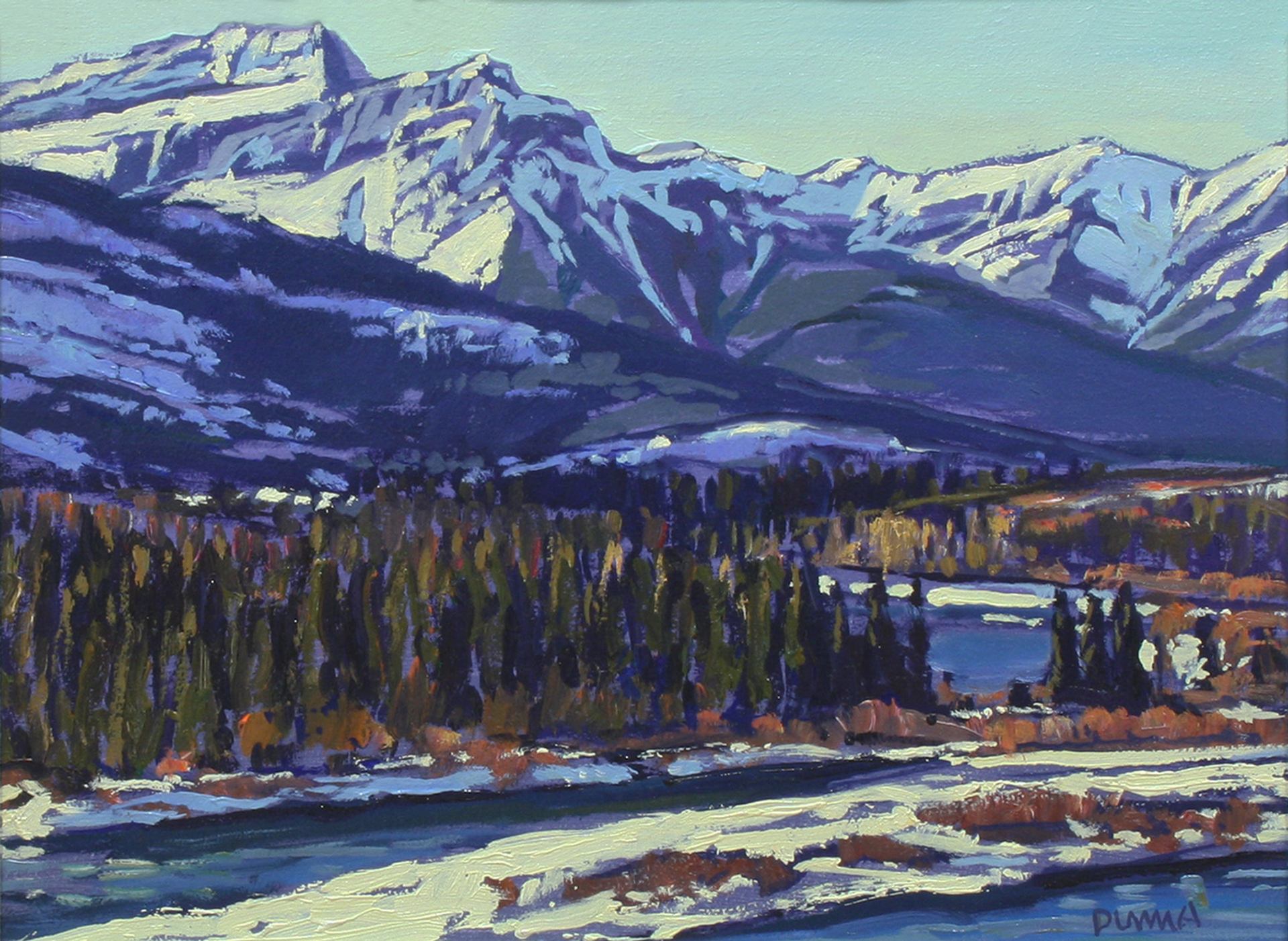 Painting of snow-covered mountains, evergreen forest and a winding blue river.