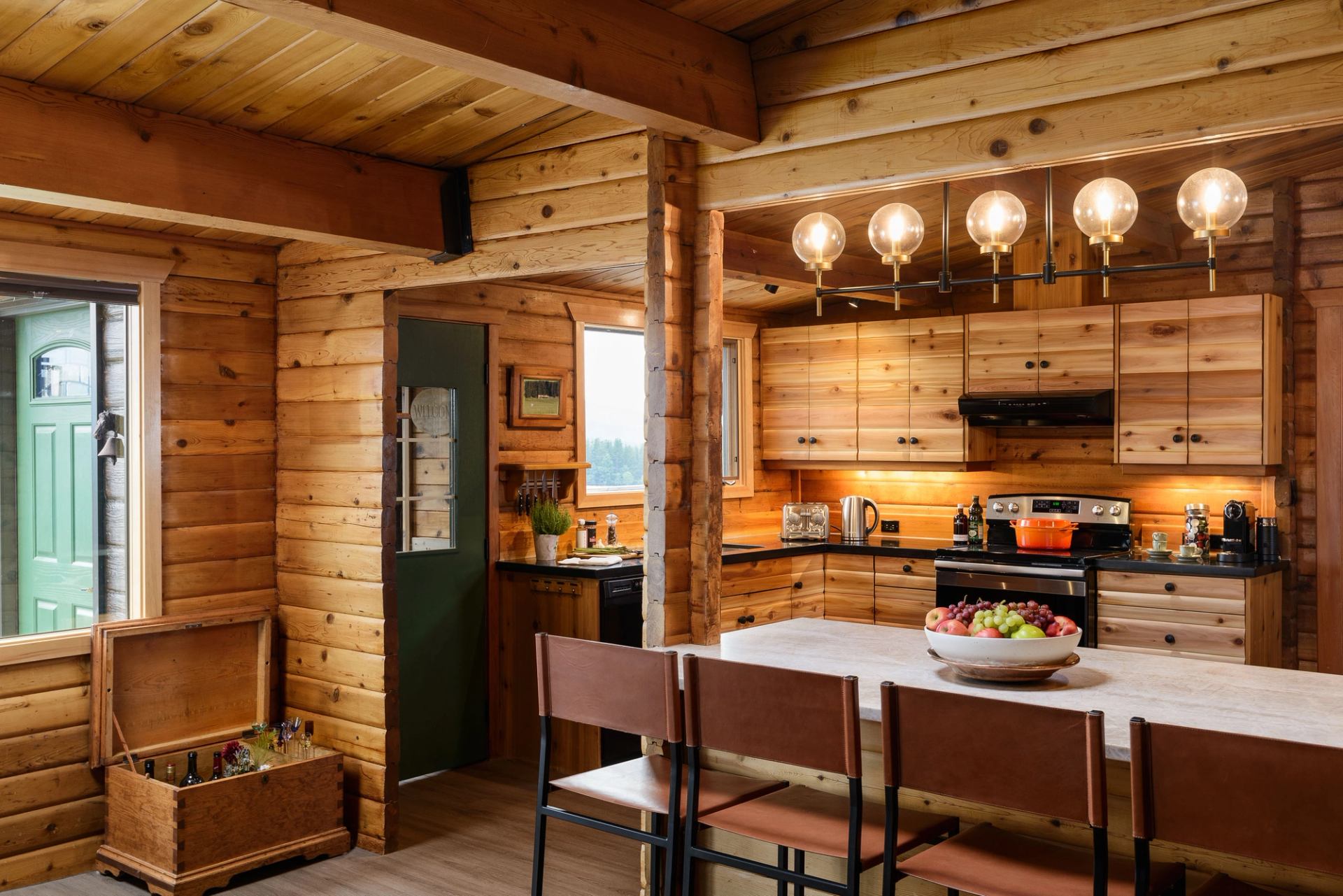 Kitchen view with an island