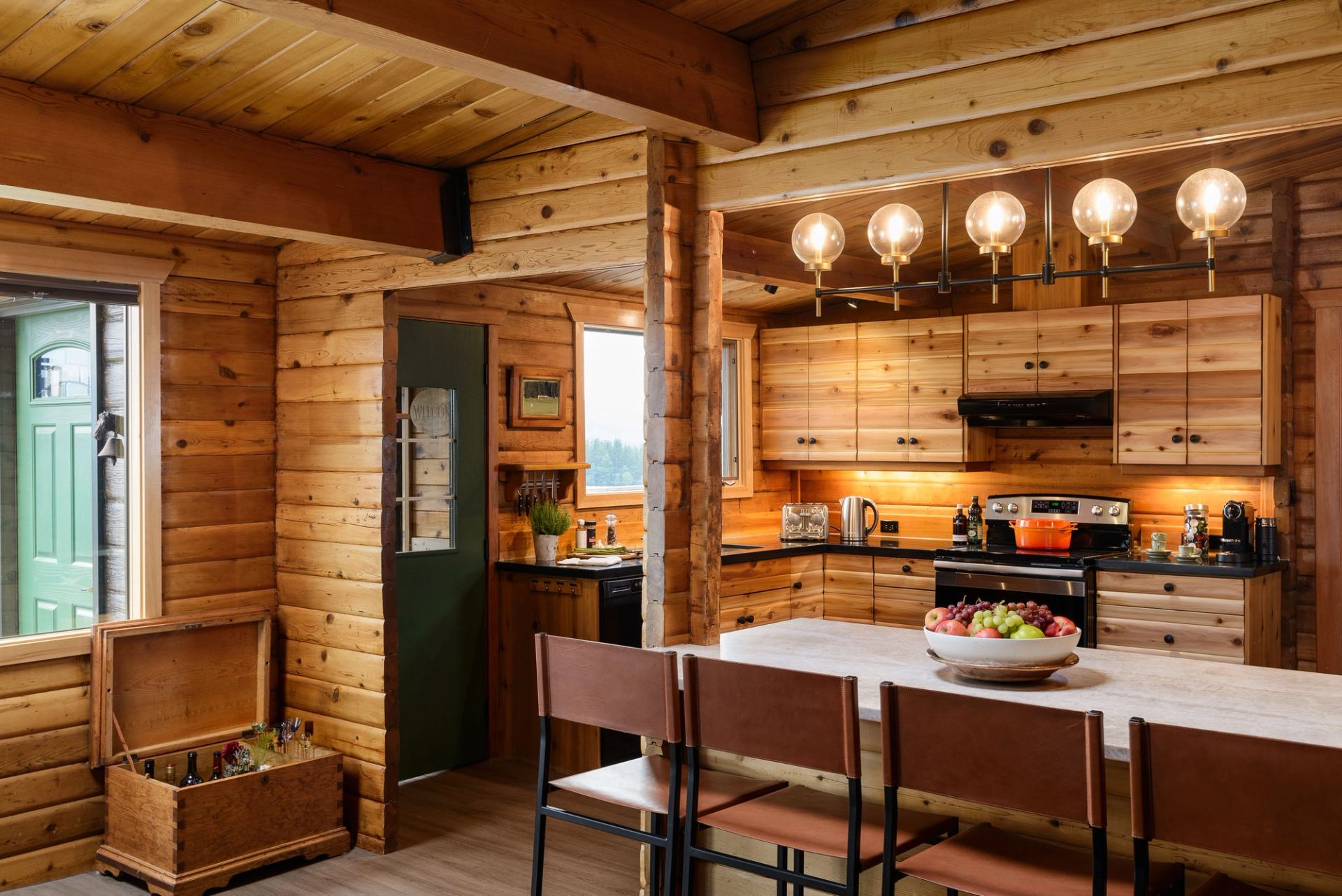Kitchen view with an island