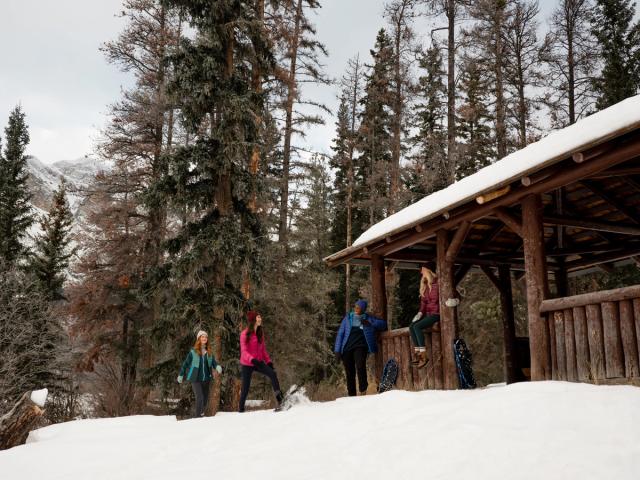 Friends snowshoeing at Pyramid Lake