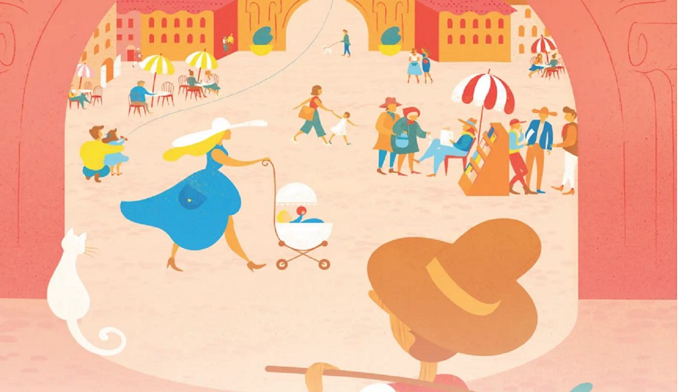 Illustration of a stage with performers, umbrellas, and a blue elephant character in a tent.