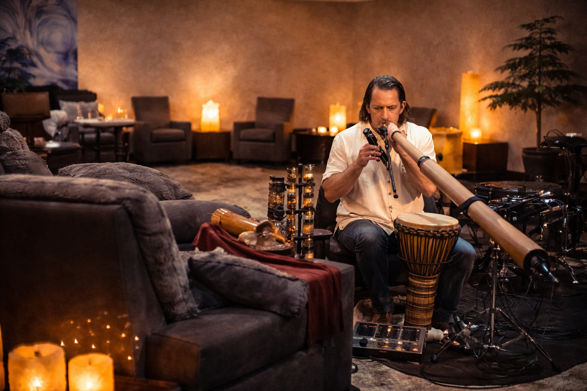 Musician plays didgeridoo and hand drum in dim lounge with candles and chairs.