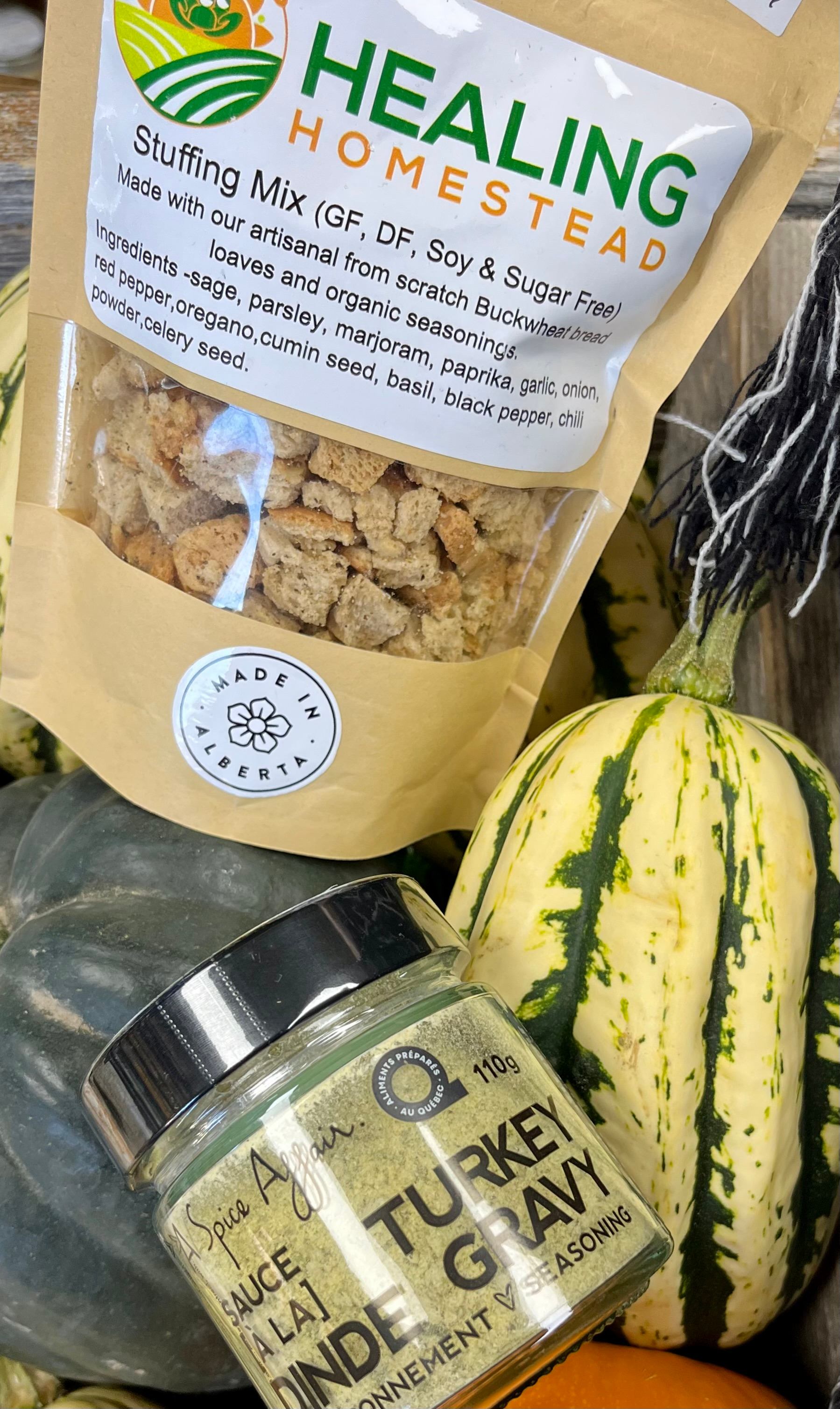 Healing Homestead turkey gravy jar with squash and a bag of seasoned mix.