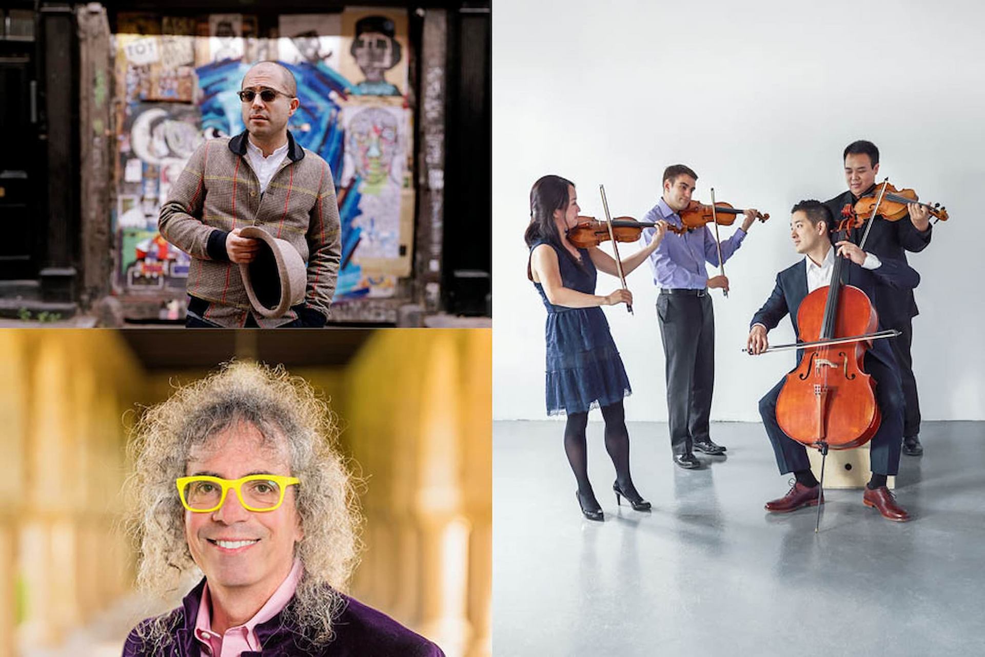 Collage of portraits and a string quartet performing in a bright studio space.