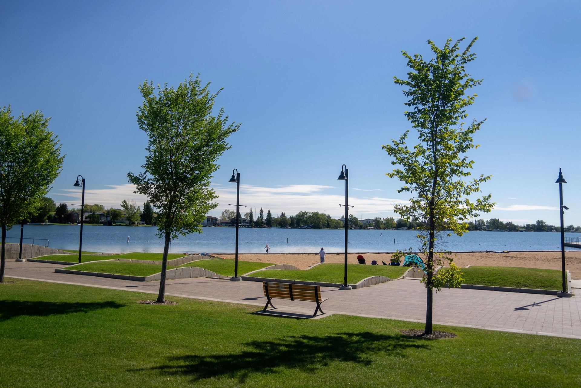 Benches beside Chestermere Lake.