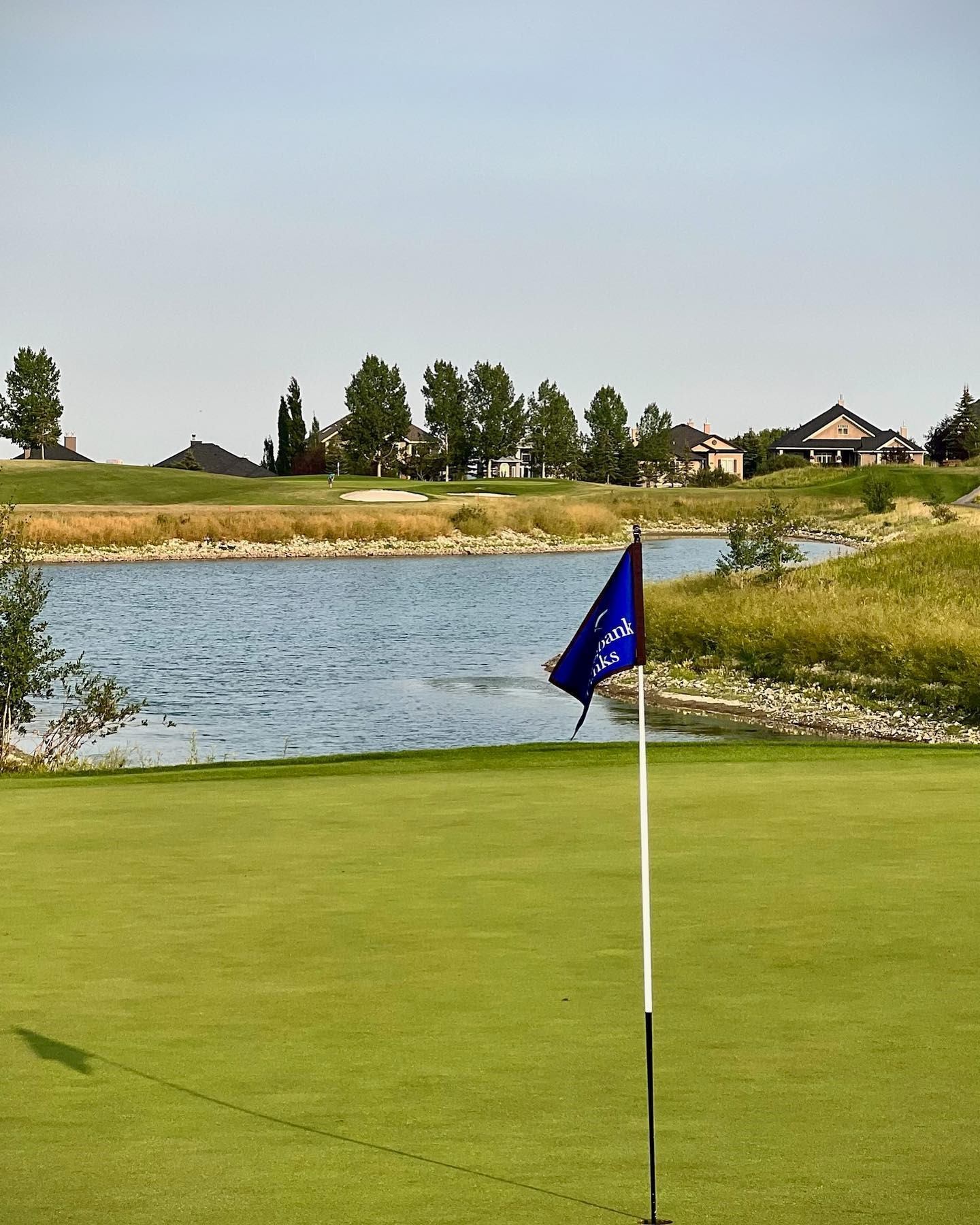 Golf green with Springbank Links flag beside pond, homes and trees in background.