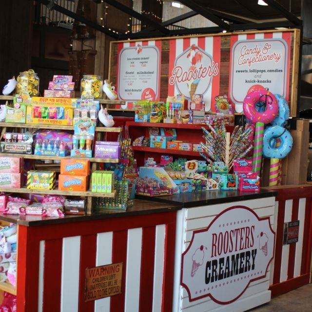 Rooster's Ice Cream & Candy stand.