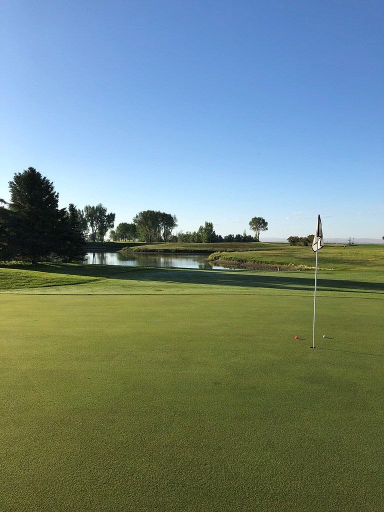 Golf green with a flag near a pond under a clear blue sky.