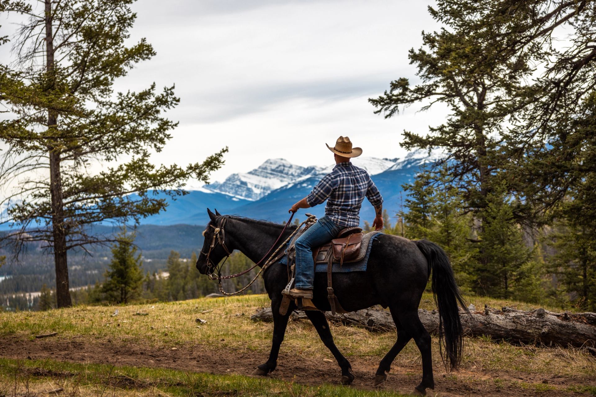 Person riding a horse on a trail with mountains in the background.