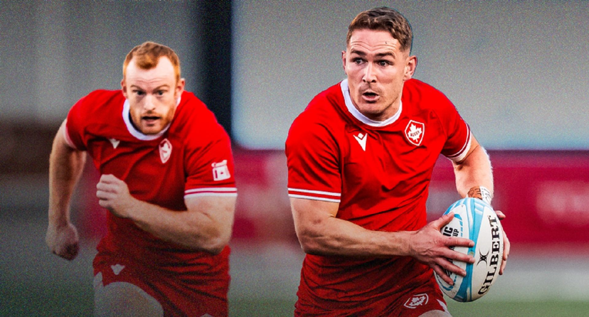 Rugby players in red Canada jerseys run, one carrying a Gilbert ball during play