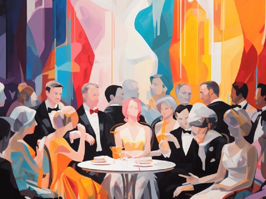 Colorful abstract painting of an elegant group seated at a round table in a lively setting.