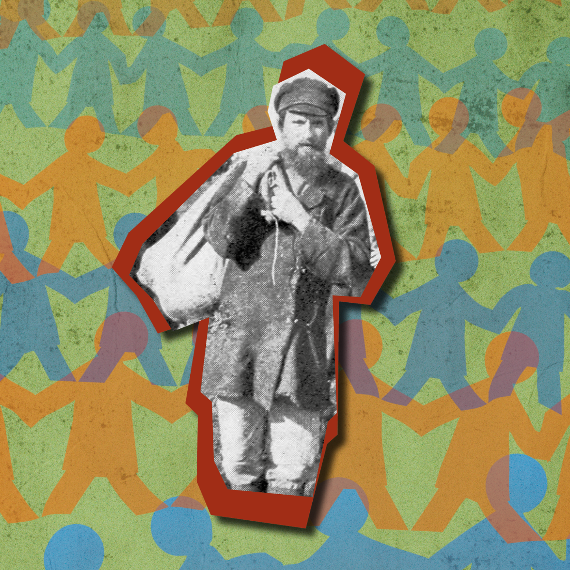 Figure of a wandering traveler set against a colorful pattern of overlapping silhouettes.