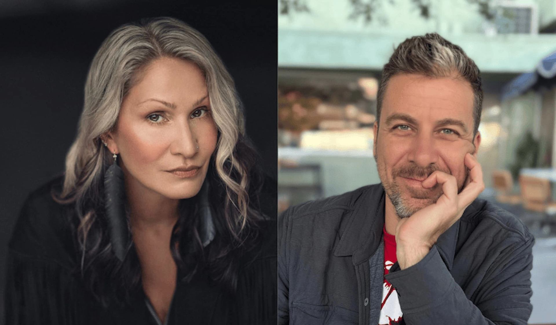 Side-by-side portraits of two adults, one indoors and one outdoors at a cafe.
