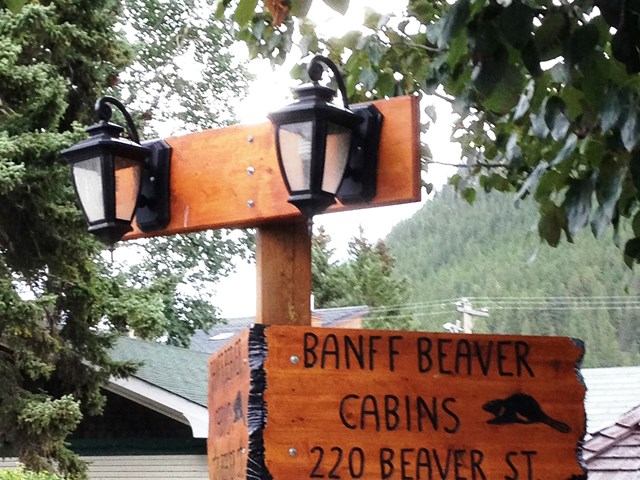 Wooden sign for Banff Beaver Cabins at 220 Beaver St., adorned with two black lanterns. Lush trees surround, set against a mountainous backdrop.