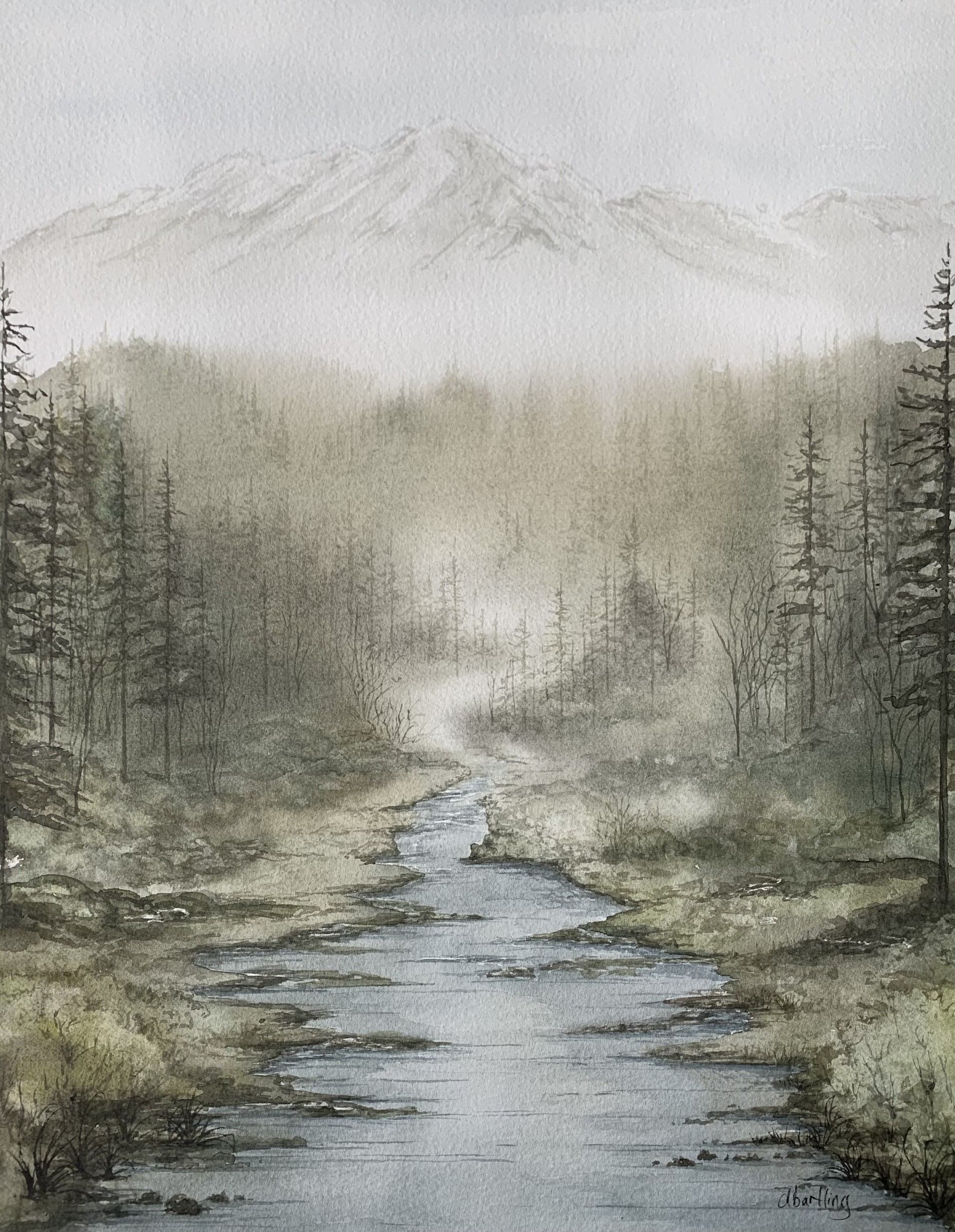 A painting of a creek with trees on the side and the moutains in the background