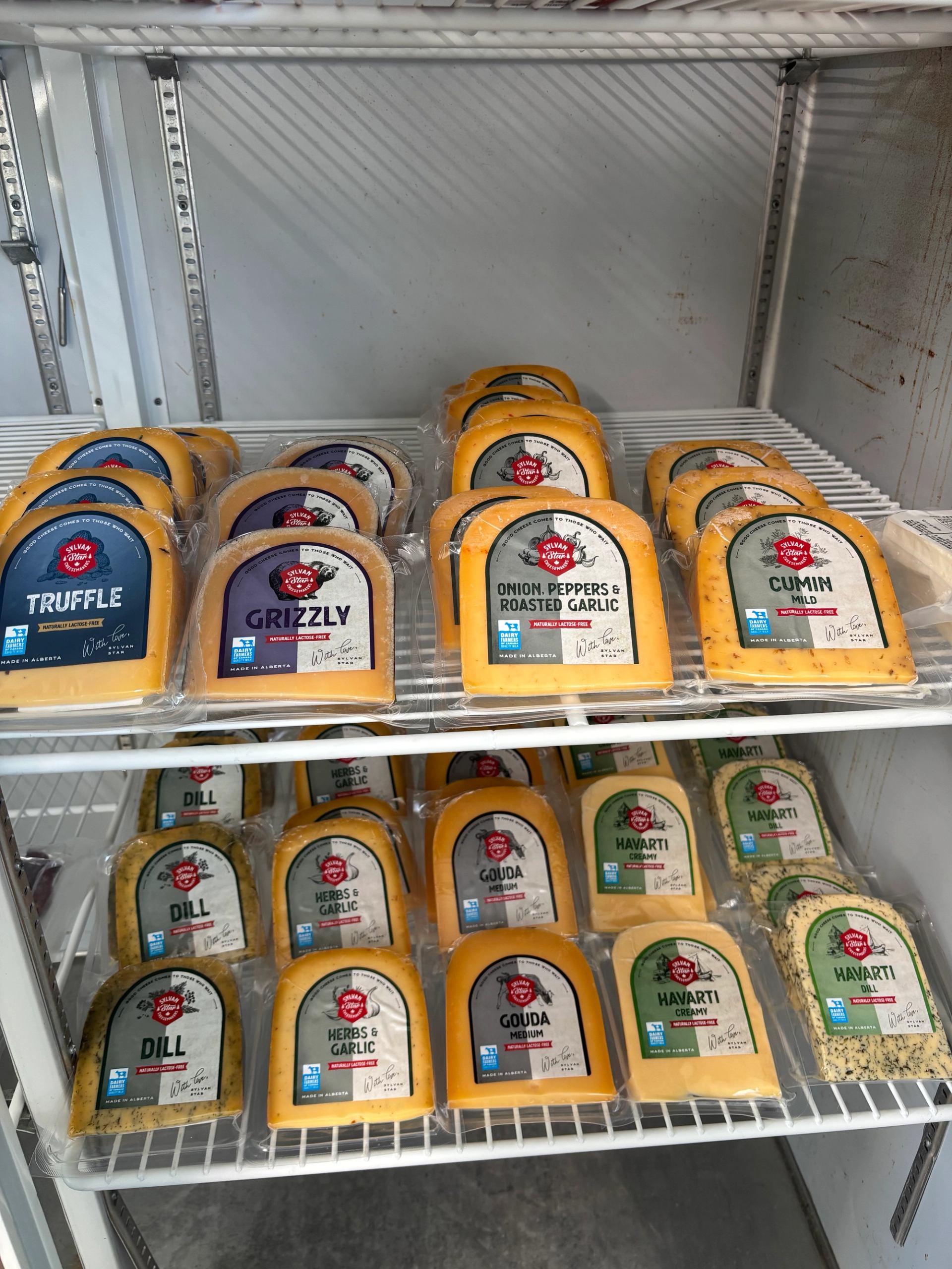 A refrigerated display case filled with numerous vacuum-sealed blocks of cheese of various types like Gouda, Havarti, Dill, and Truffle.