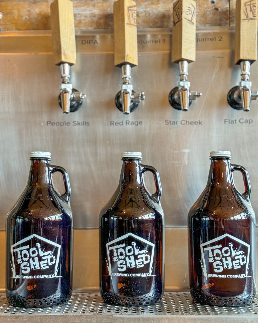 Three Tool Shed Brewing Company growlers sit beneath labelled beer taps on a metal counter.