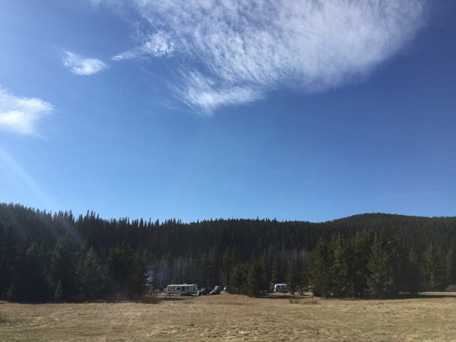 Grassy airstrip with parked vehicles and evergreen treeline under partly cloudy sky.