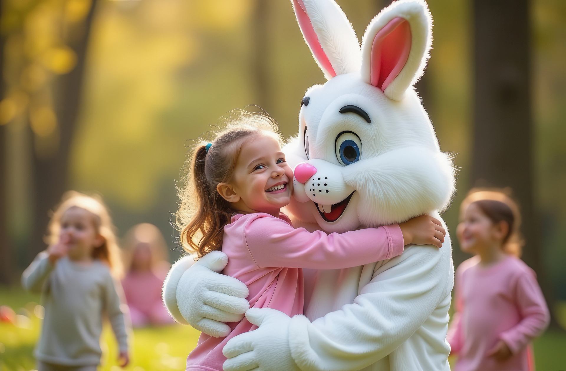 Easter Bunny mascot hugging a child in a sunny outdoor park setting.