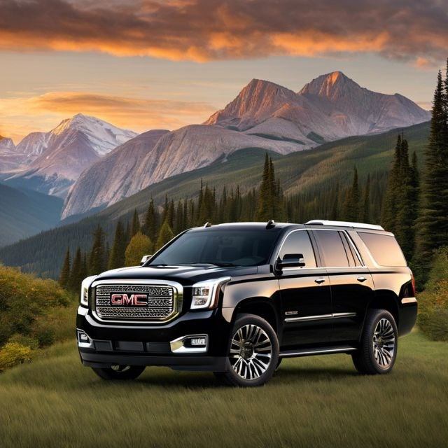 Black GMC SUV parked on grassy hill with evergreen forest and mountains in background