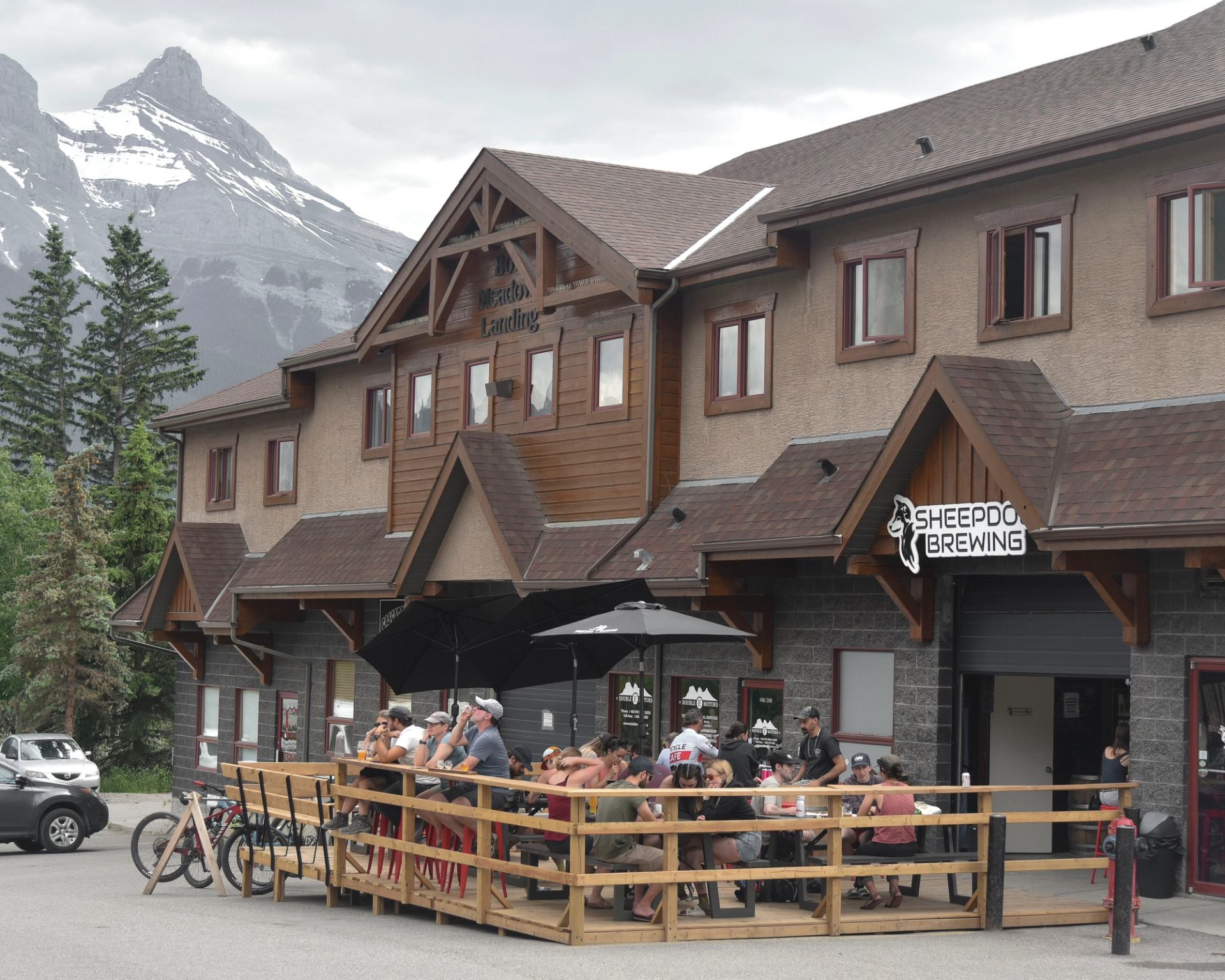 Sheepdog Brewing patio with seated patrons and snow-streaked mountains behind the building.