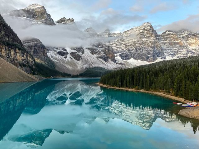 Scenic shot of Moraine Lake in the Canadian Rockies.