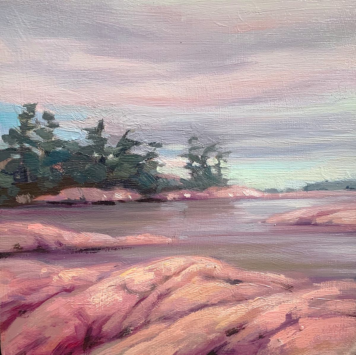 Oil painting of pink rocky shoreline, calm water and dark evergreen trees.