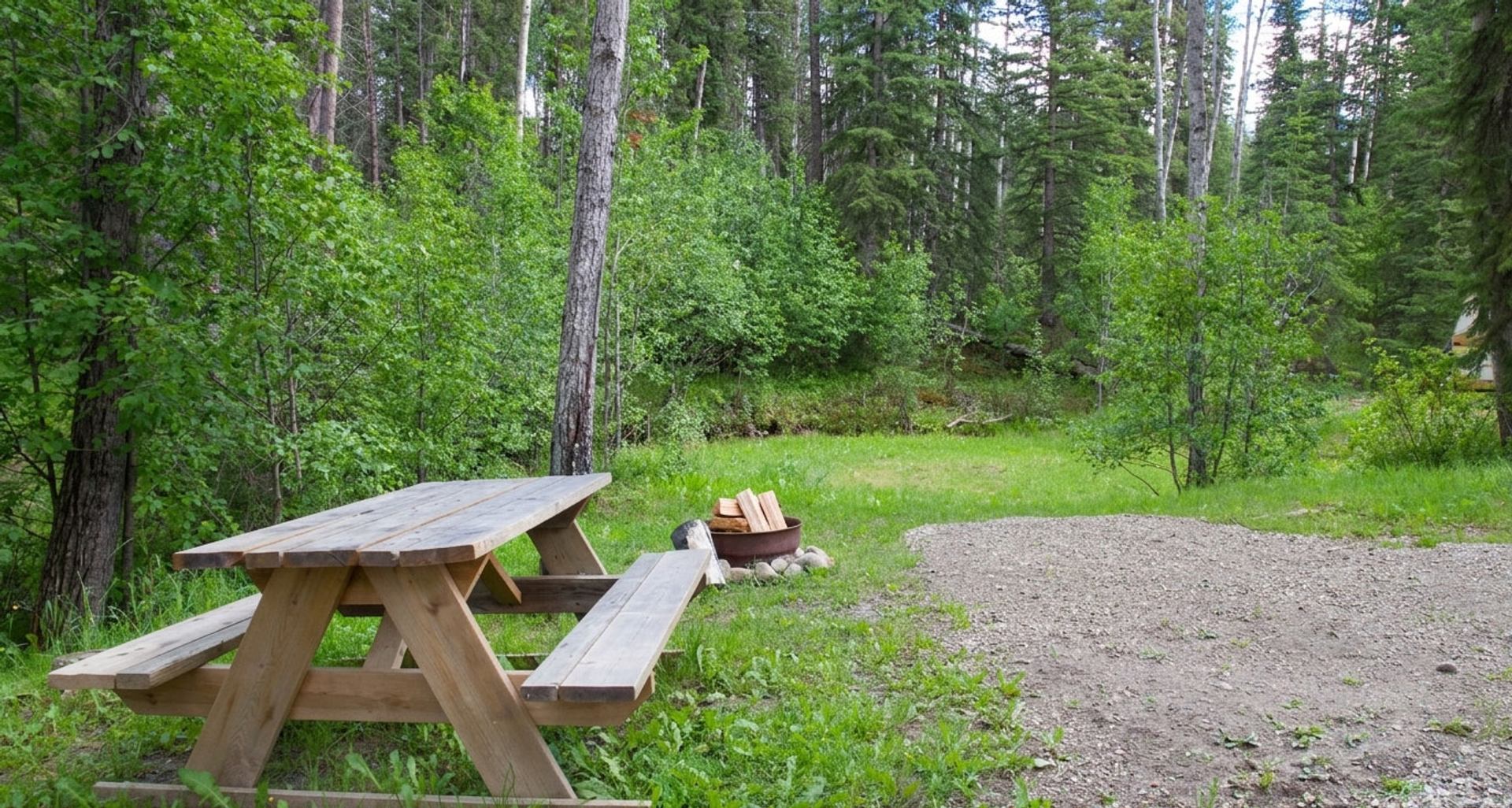 A secluded campsite features a picnic table, fire pit, and gravel pad surrounded by dense forest.
