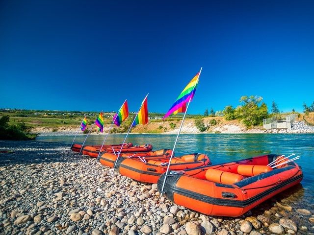 Rafts at the river at The Paddle Station in Calgary.