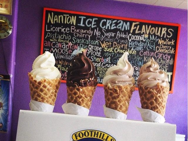 Ice cream cones in front of a Nanton Ice Cream Flavours sign with text lettering.