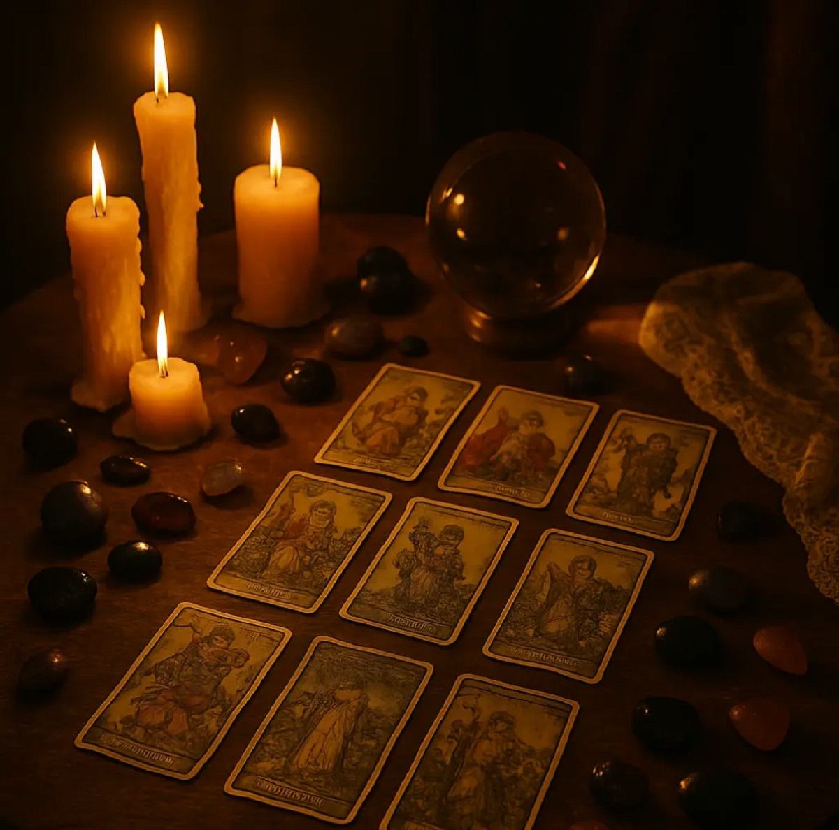 Tarot cards, candles, and crystal ball on a mystical carnival table.
