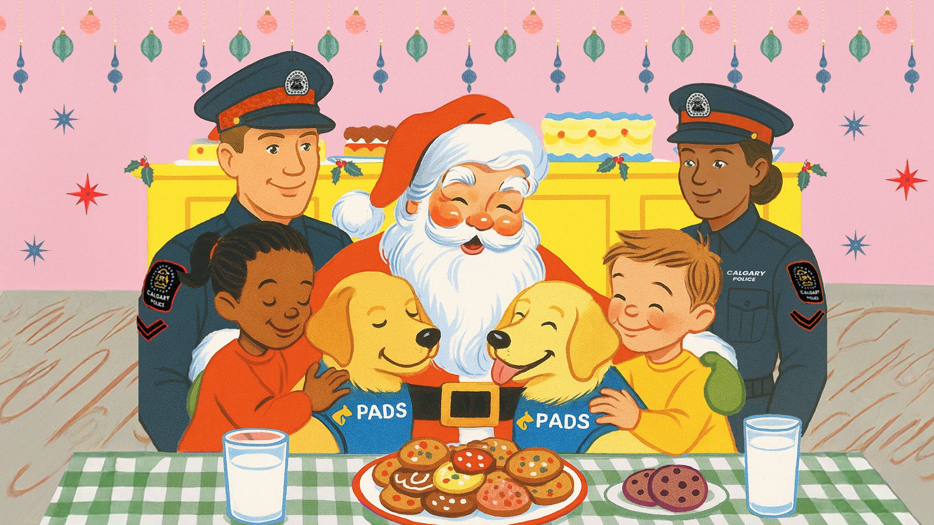Festive illustration of Santa with two service dogs and cookies on a table
