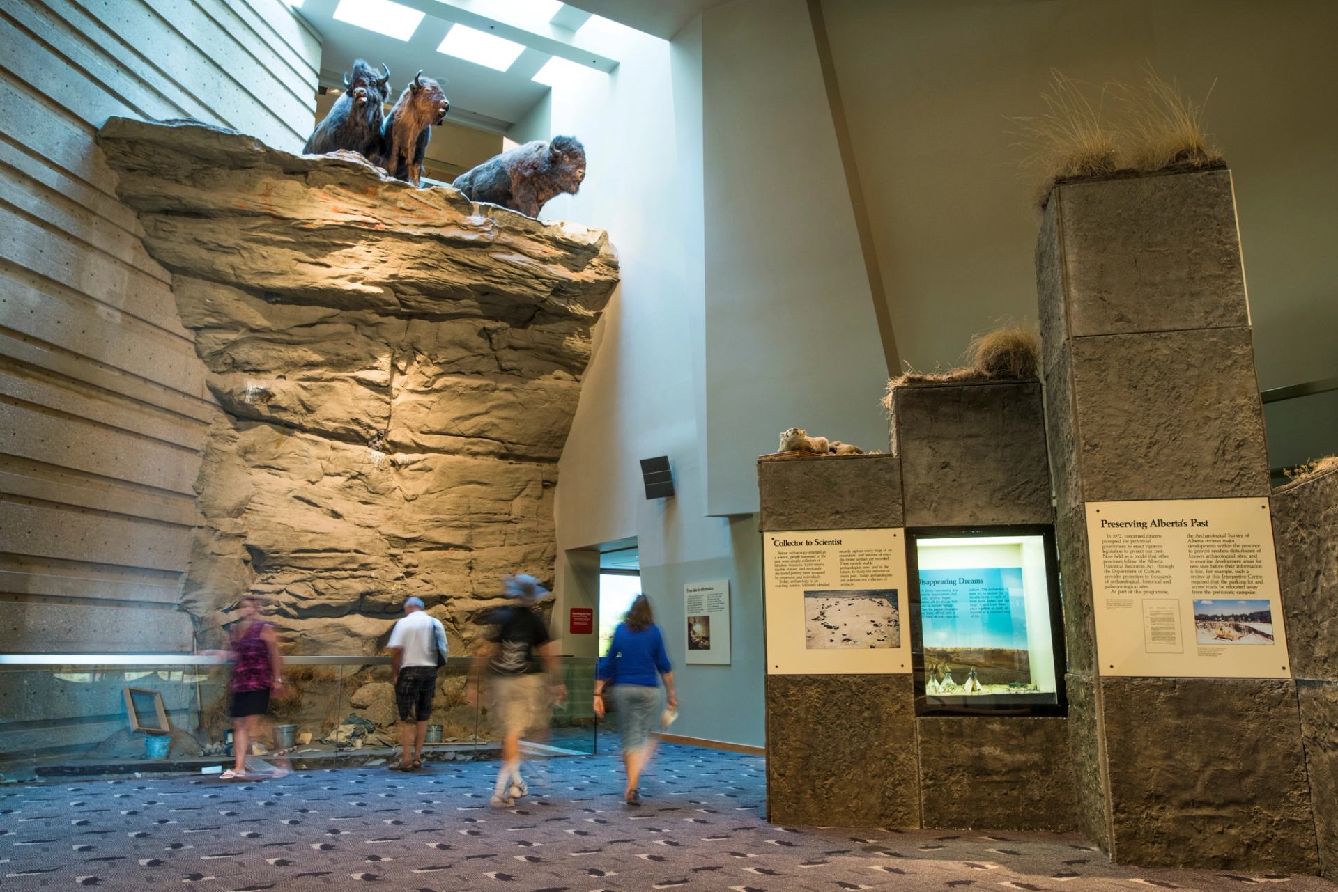 People looking at exhibits in Head-Smashed-In Buffalo Jump museum.