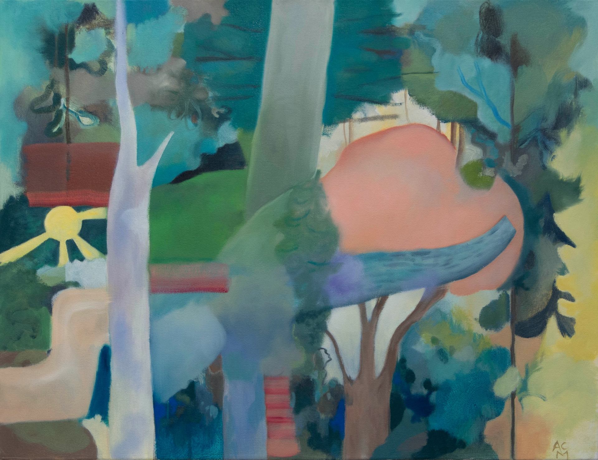 A semi-abstract painting of a colorful, dreamlike landscape with tall pale trees, a large pink tree, and a yellow sun.