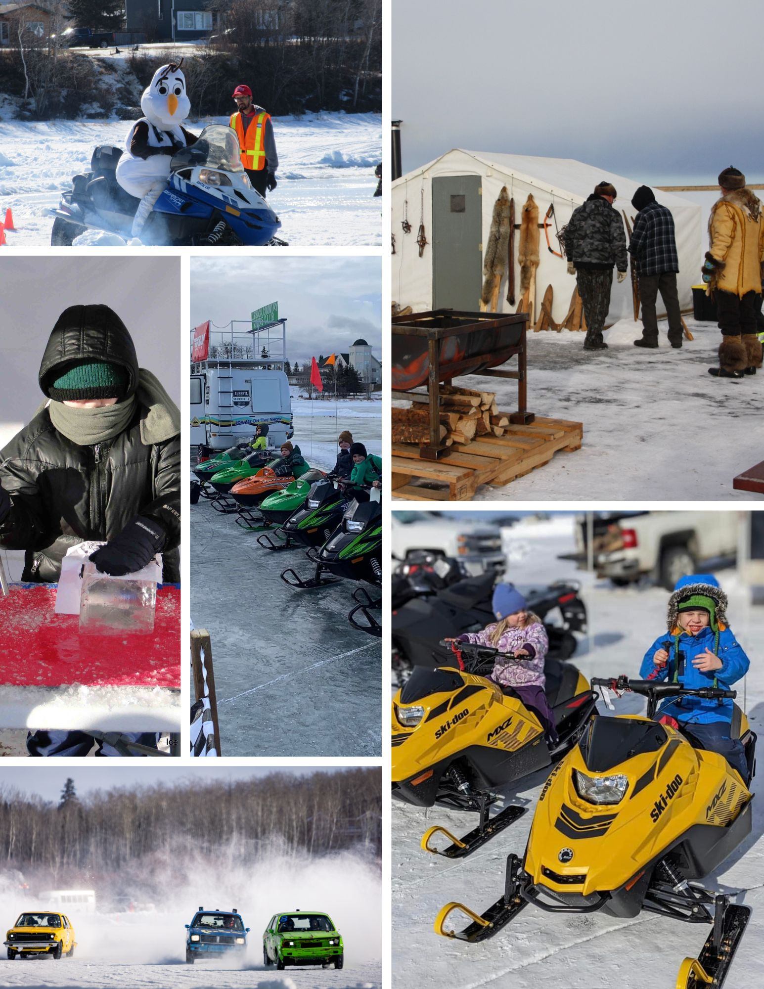 Collage of winter activities including ice racing, snowmobiles, carving demos, and outdoor festival scenes on snow and ice.