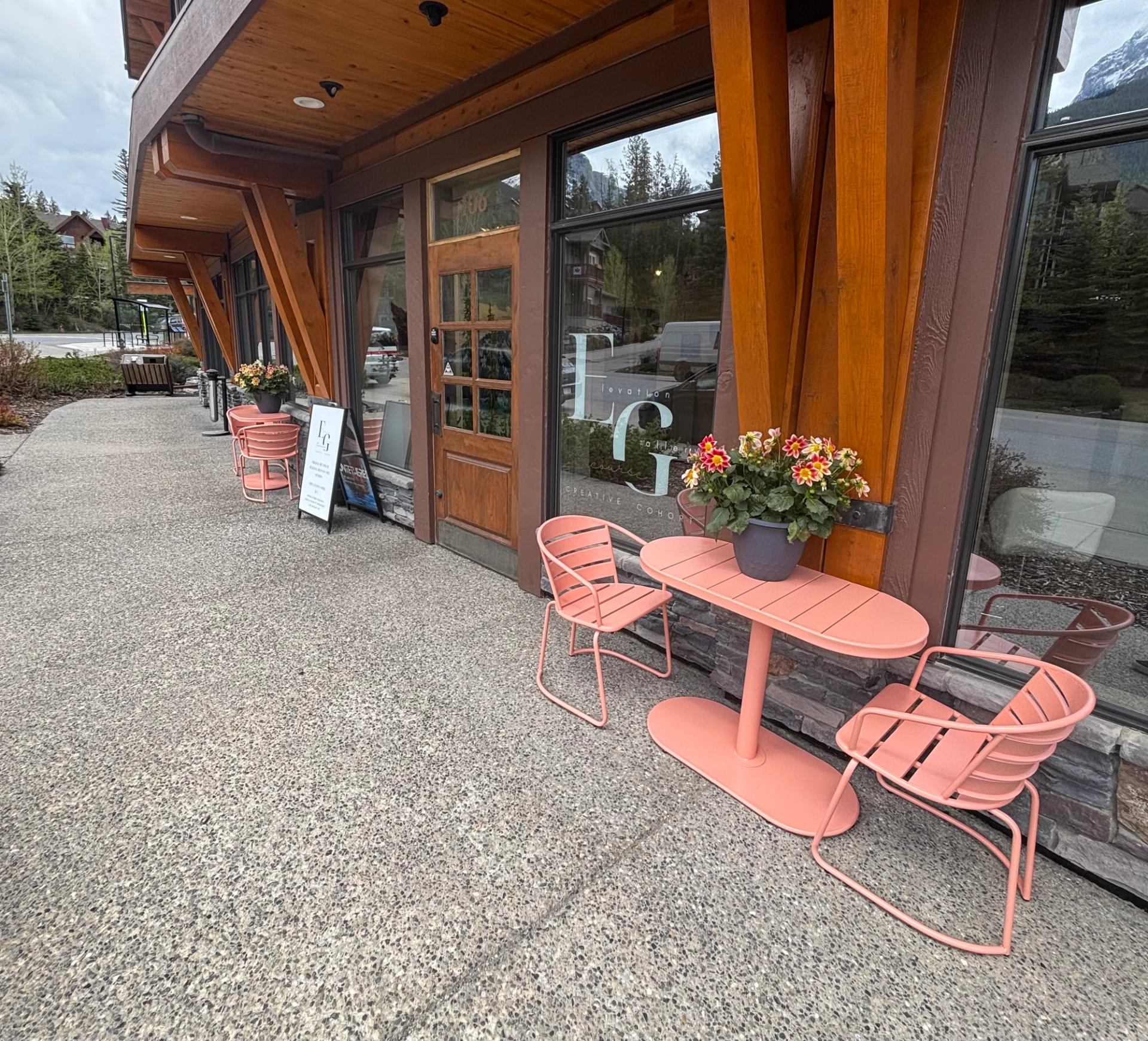 Exterior of the gallery with a seating area