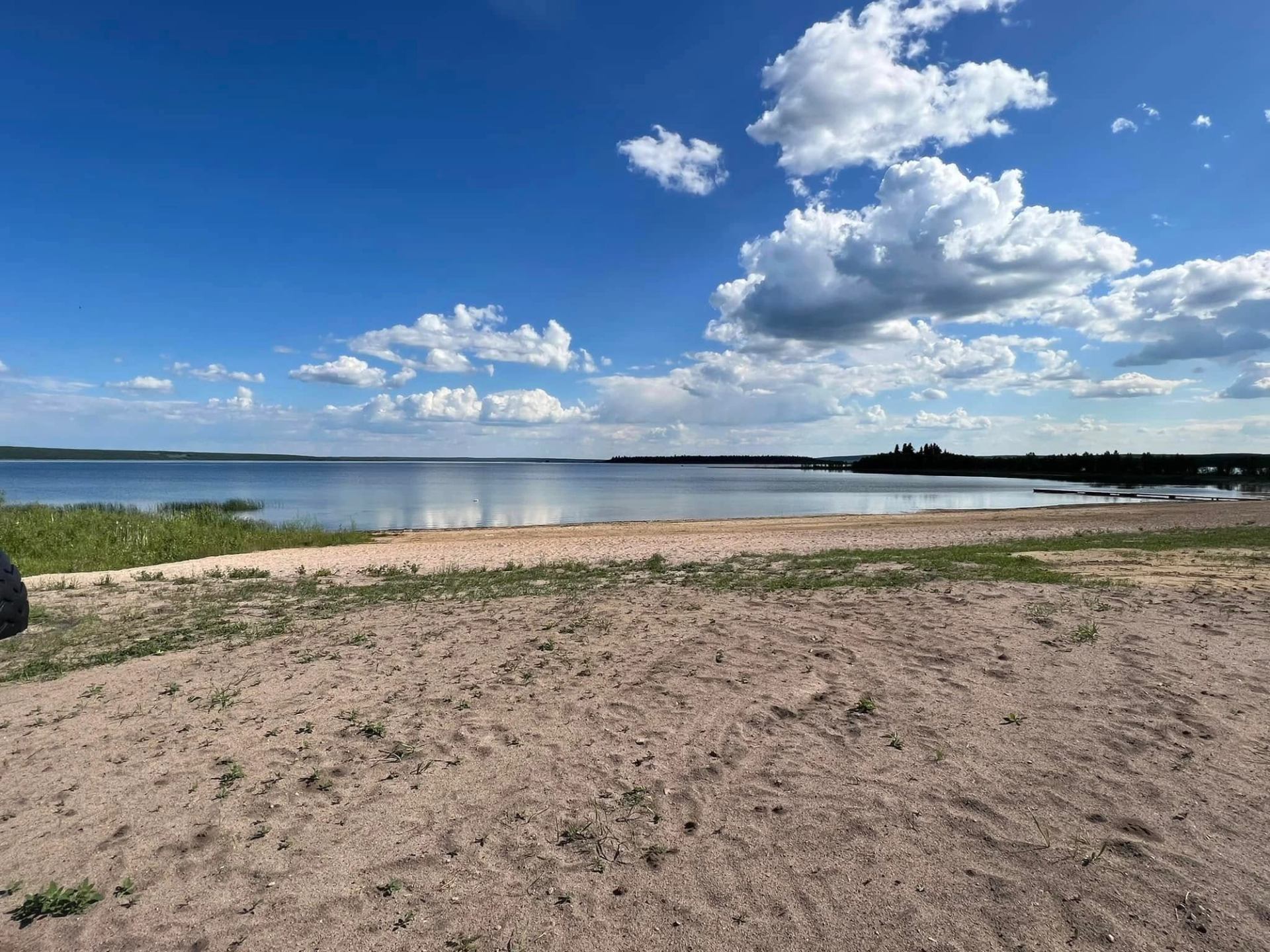 Sandy lakeshore with sparse grass, calm water and scattered clouds in a blue sky.