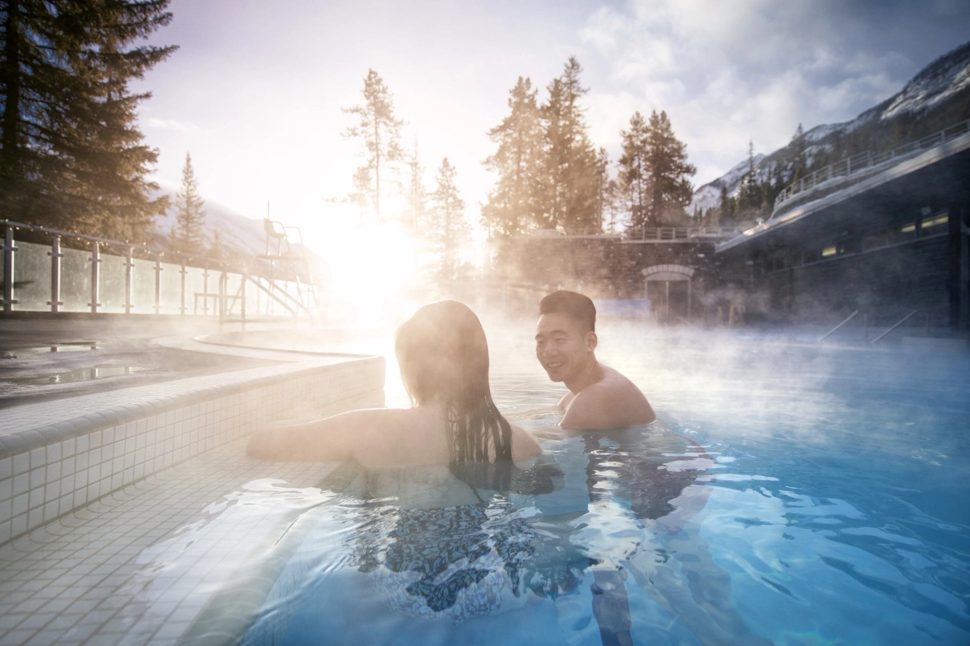 Two people enjoying the hot spring