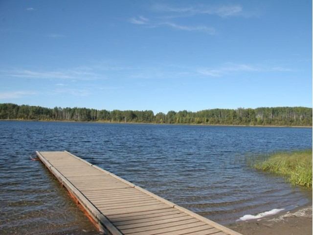 Wooden dock extends into calm lake with forest backdrop
